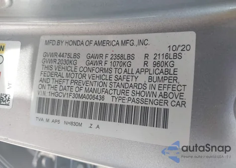 2021 Honda Accord Sport из США, поврежденный, VIN 1HGCV1F30MA006436